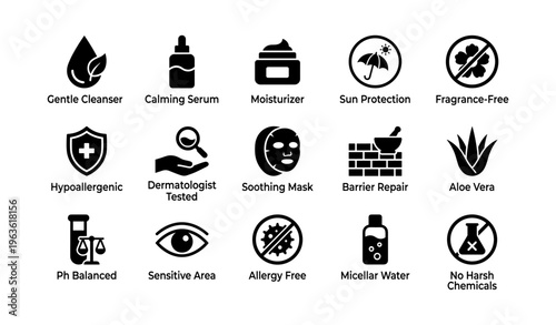 Collection of skincare icons highlighting benefits and features