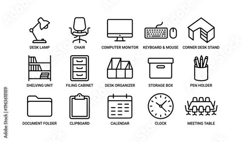 Office supply icons: desk, chair, monitor, keyboard, shelf, lamp, cabinet, organizer, box, pen, clipboard, calendar, clock, table