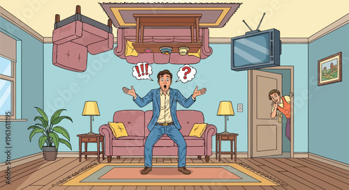Man jumping in living room with floating furniture and shocked expression
