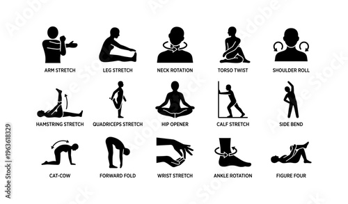 Set of 16 silhouette stretching and yoga poses for flexibility and relaxation