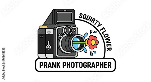 Squirty flower prank photographer logo with camera and colorful flower