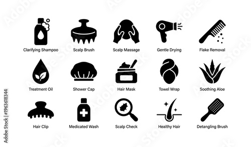 Hair care icons: shampoo, massage, drying, scalp, soothing treatments
