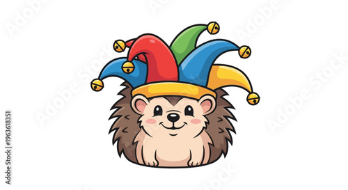 Cartoon hedgehog wearing colorful jester hat smiling