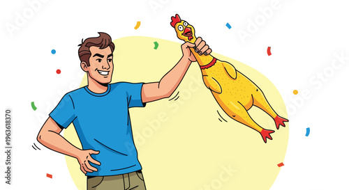 Man holding yellow rubber chicken in celebration with confetti around