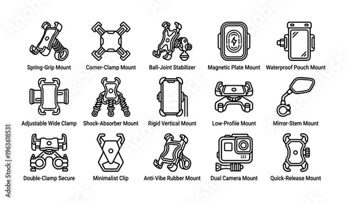 Icons of various mounts: spring-grip, corner-clamp, ball-joint, magnetic plate, waterproof pouch