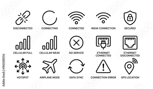 Network connection icons: disconnected, secured, cellular, ethernet, gps