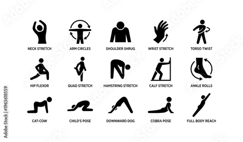 16 exercise icons demonstrating stretches and yoga poses
