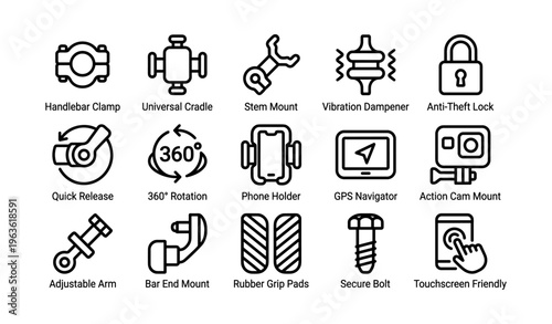 Bicycle accessory icons set: mounts, locks, tools for secure cycling