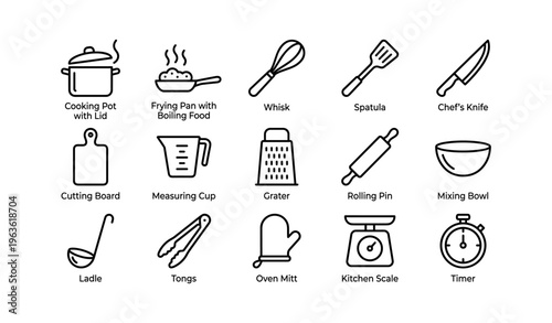 Essential kitchen tools line art icons set with cooking pot, frying pan, and utensils