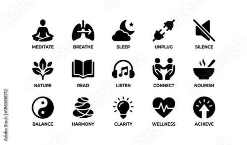 Icons representing mindfulness practices and wellness activities