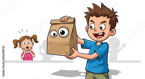 Boy holding brown paper bag with eyes, girl surprised, playful cartoon scene