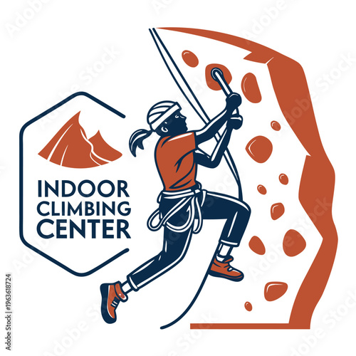 Indoor climbing center logo with rock climber and mountain icon
