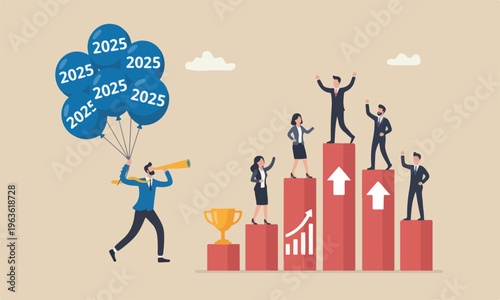 Year 2025 teams or economic forecast, aspiration to work success, new year resolution concept, businessman flying with 2025 balloons with telescope