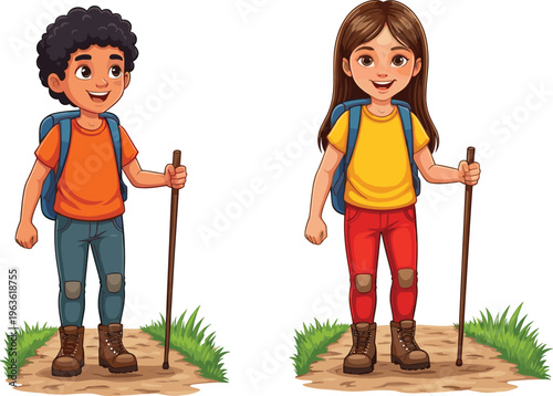 Cartoon hikers standing on dirt path, outdoor trekking vector, backpacks, walking sticks, camping gear, mountain adventure, nature exploration, travel lifestyle illustration