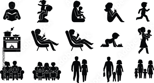 Collection of Family Life Silhouettes Featuring Parenting Childcare Activities Cooking at Home Relaxation Togetherness People Sitting on Sofa and Walking with Children Outdoors