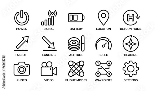 Drone control icons: power, signal, battery, location, return, takeoff, landing