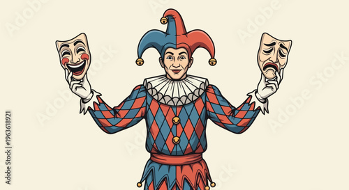 Jester holding comedy and tragedy masks in colorful harlequin costume with diamond pattern