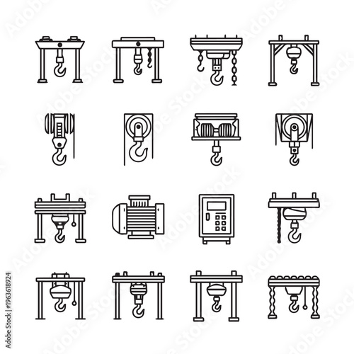 Industrial Hoists and Cranes Collection: Overhead Electric and Manual Lifting Equipment Icons