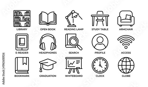 Library icons set: books, study tools, tech devices, and communication symbols