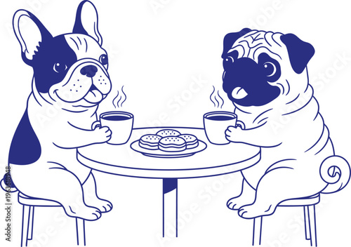 Two dogs sitting at a small table eating