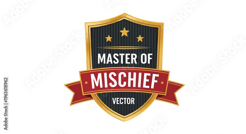 Master of mischief vector logo with shield and red banner
