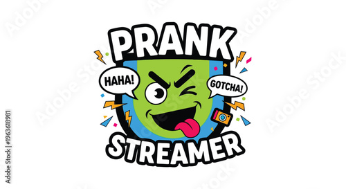 Colorful prank streamer logo with cartoon face and speech bubbles