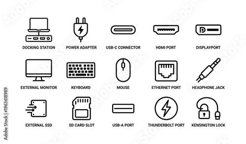 Docking station and computer accessory icons - usb hdmi ethernet monitor