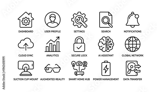 Technology icons set: dashboard, notifications, ai assistant, cloud sync, augmented reality