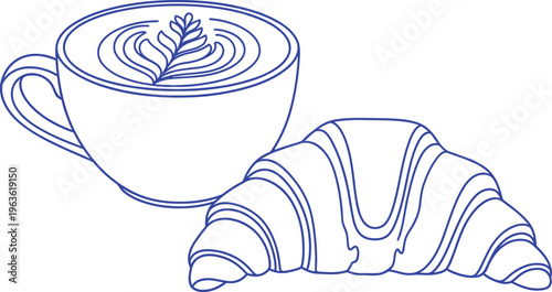 A cup of coffee and a croissant on a white background