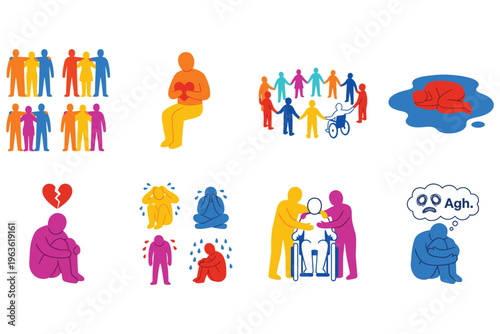 Mental health awareness concepts collection with human figures showing support and sadness.