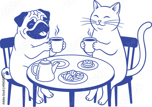Pug and cat enjoying coffee and donuts