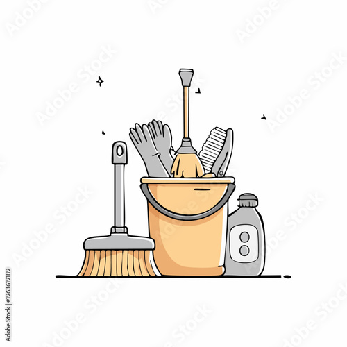 Cleaning Tools in Bucket and Bottle.