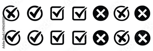Vector check mark icon. Set of verification icons, digital confirmation and error symbols, green tick and red cross collection, minimalist vector illustration of tick and X marks. account approved. 
