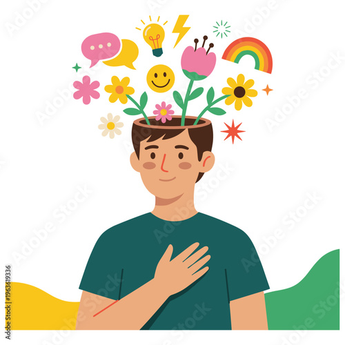 Positive man with colorful flowers and symbols growing from head representing mental care.