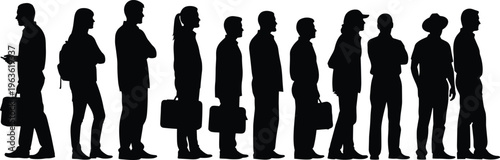 Diverse group of people standing in line silhouettes men and women with briefcases and bags waiting.