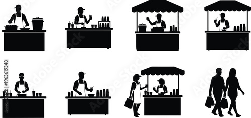 Collection of Street Market Vendor Silhouettes Featuring Food Stalls with Awnings Beverage Booths and Customers Shopping for Local Products for Urban Lifestyle Development