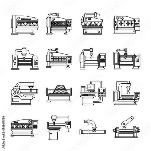 Industrial Machinery Icons: Precision Engineering Equipment & Manufacturing Automation Line Art