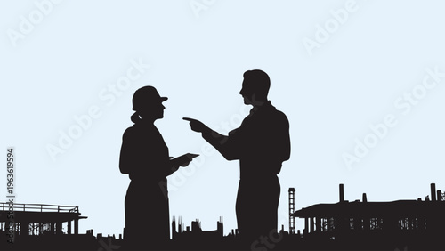 Construction site silhouette of architect and engineer, professional building project management, industrial workers discussing blueprints on site