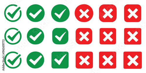Green check mark and red cross icon set, circle and square. Tick symbol in green color. Hand drawn checkmark illustration. check mark icon set. Check Mark Icons in Circle – Editable Stroke Tick Symbol