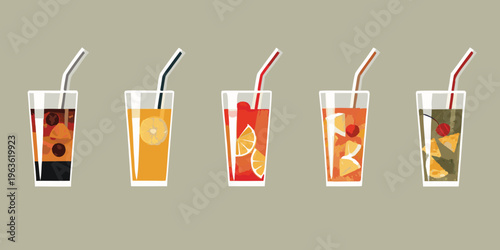 A colorful row of five different fruit infused beverages in glasses