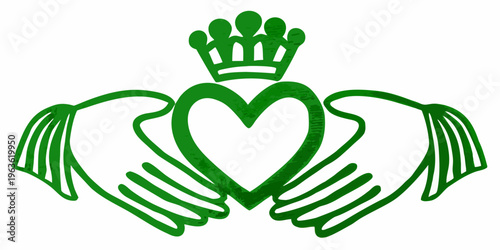 Green claddagh symbol featuring hands heart and a crown