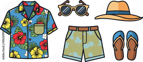 Hawaiian shirt shorts hat sunglasses and flip flops for summer vacation.