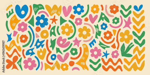 Colorful abstract floral and shape pattern with a playful retro aesthetic