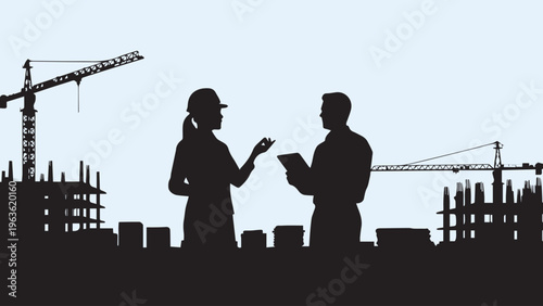 Construction site silhouette with engineers, professional architect and builder discussing project, industrial crane and building development vector