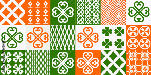 A colorful grid of traditional irish clover and geometric patterns