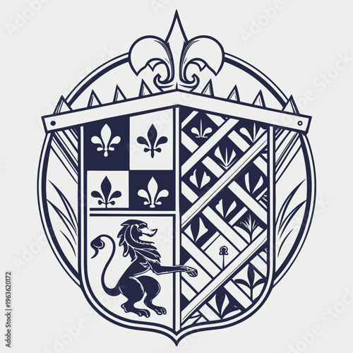 Heraldic coat of arms crest with lion, fleur-de-lis & geometric shield, line art