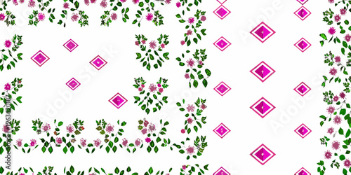 Floral and geometric pattern with pink blossoms and diamond shapes