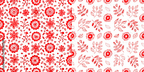 Red floral sketch pattern covering a white background hand drawn style