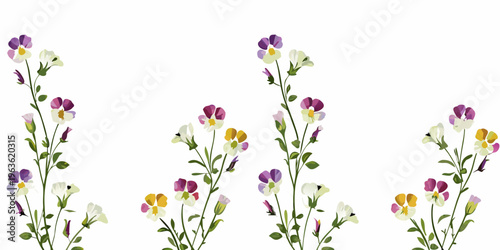 Watercolor illustration featuring delicate pansy flowers with vibrant colors