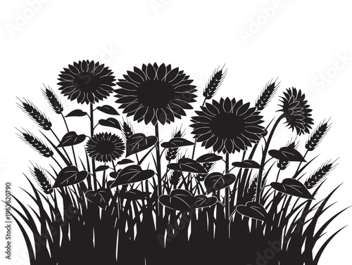 Rustic sunflower and wheat field silhouette for harvest season inspired designs